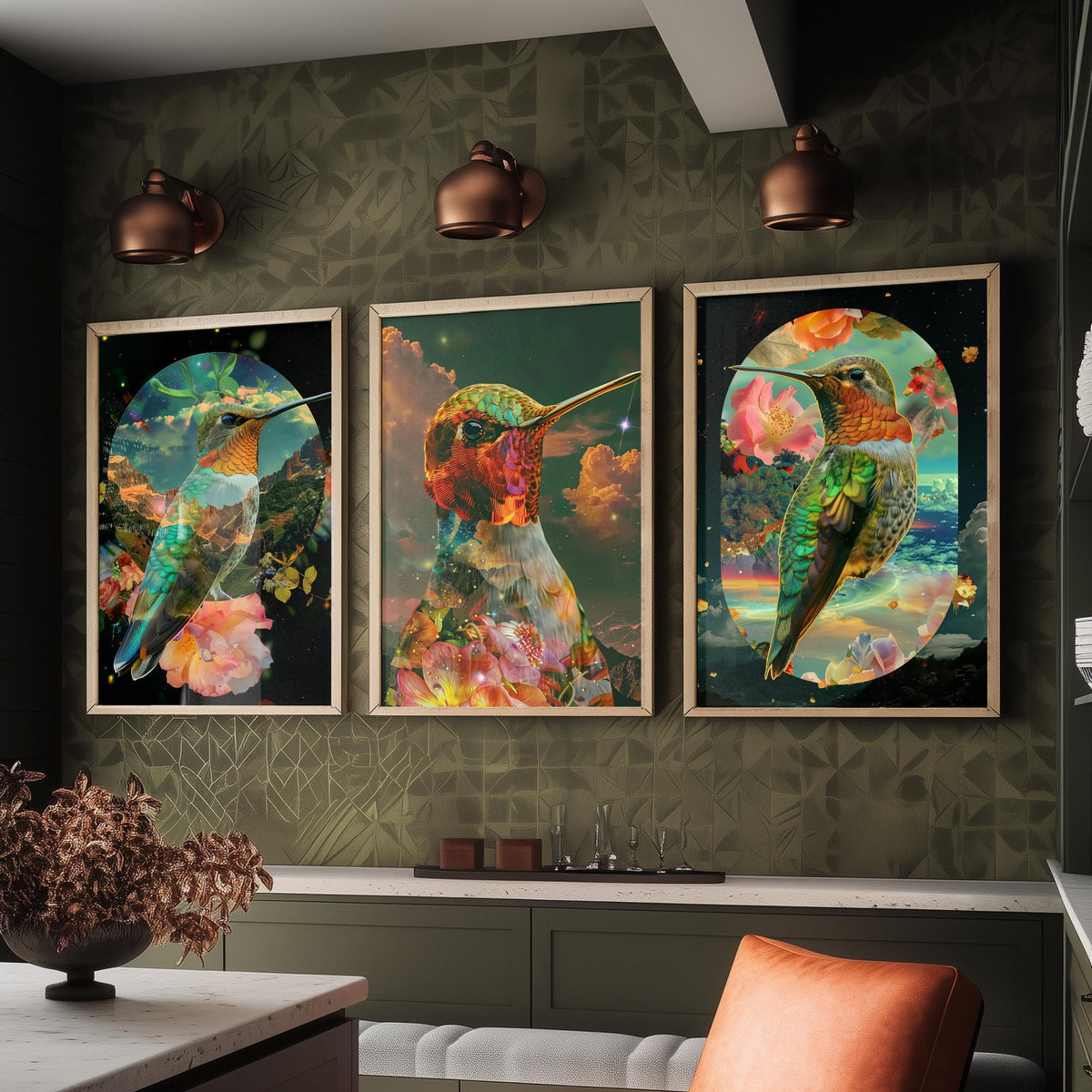 Hummingbird Set of Three Art Prints - 3 Double Exposure Floral Posters - Surreal Garden Nature Wall Art Gift Painting Cosmic