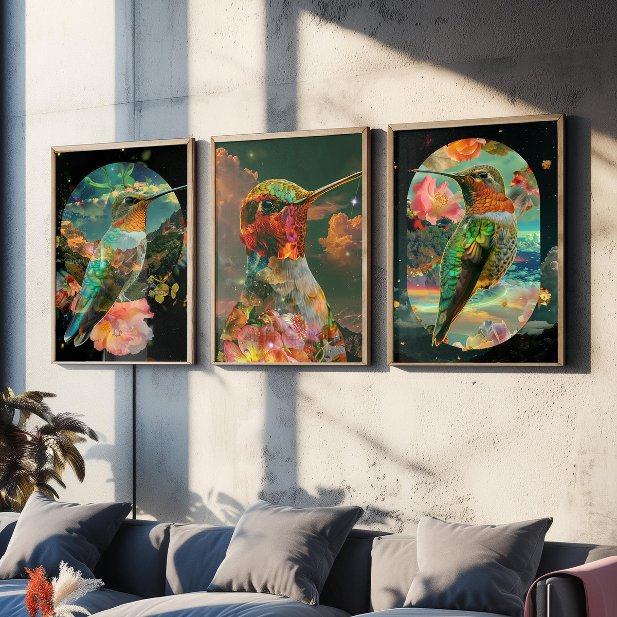 Hummingbird Set of Three Art Prints - 3 Double Exposure Floral Posters - Surreal Garden Nature Wall Art Gift Painting Cosmic