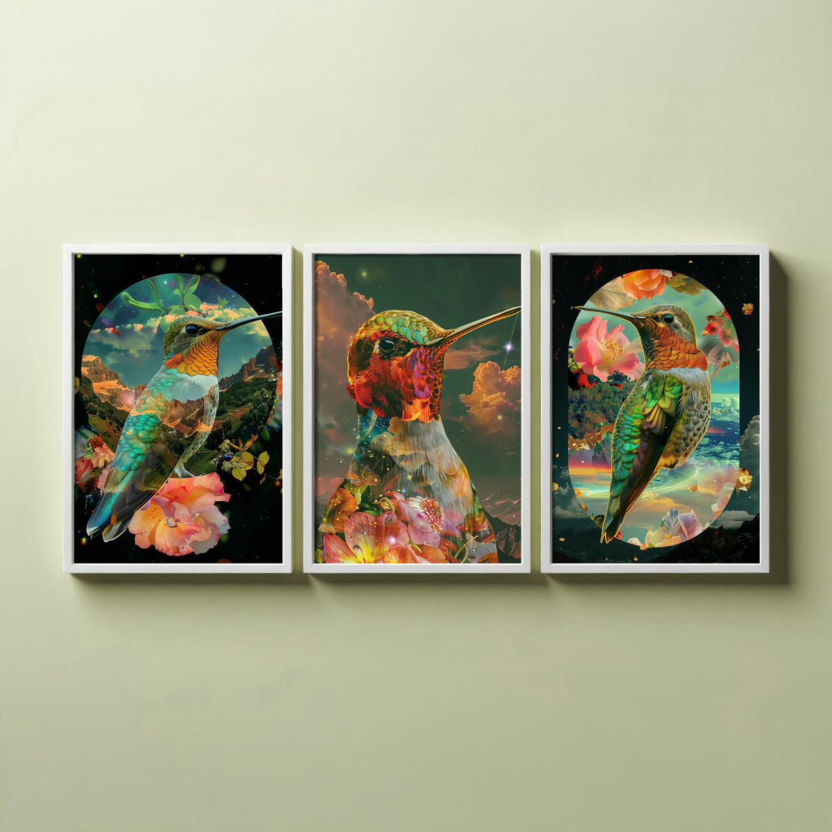 Hummingbird Set of Three Art Prints - 3 Double Exposure Floral Posters - Surreal Garden Nature Wall Art Gift Painting Cosmic