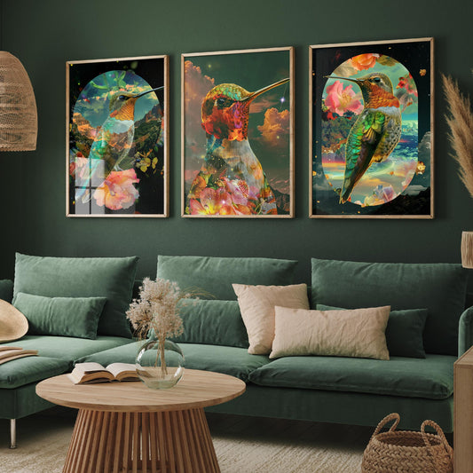 Hummingbird Set of Three Art Prints - 3 Double Exposure Floral Posters - Surreal Garden Nature Wall Art Gift Painting Cosmic