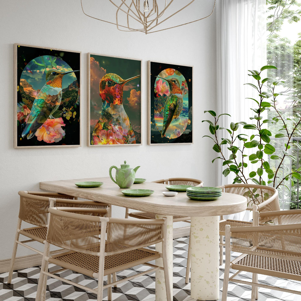Hummingbird Set of Three Art Prints - 3 Double Exposure Floral Posters - Surreal Garden Nature Wall Art Gift Painting Cosmic
