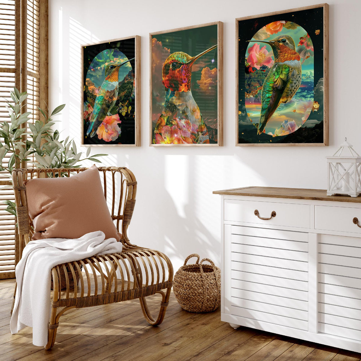 Hummingbird Set of Three Art Prints - 3 Double Exposure Floral Posters - Surreal Garden Nature Wall Art Gift Painting Cosmic