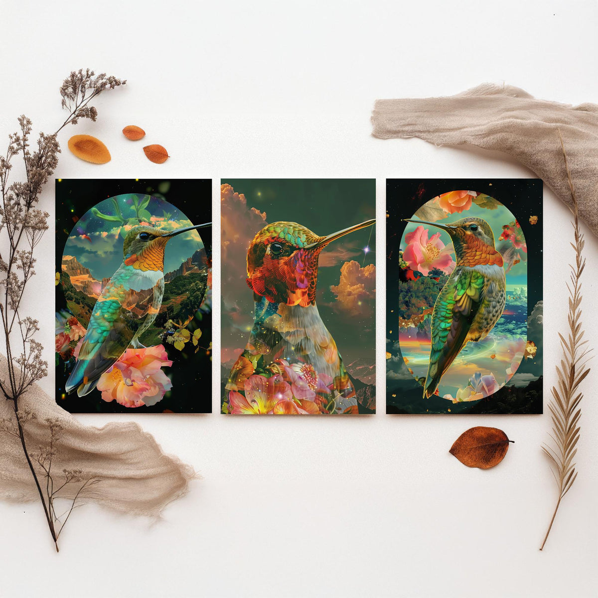 Hummingbird Set of Three Art Prints - 3 Double Exposure Floral Posters - Surreal Garden Nature Wall Art Gift Painting Cosmic