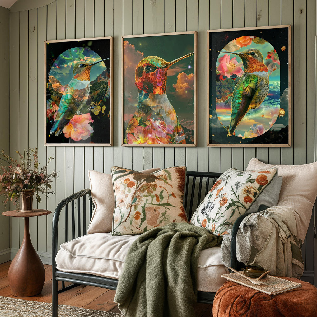 Hummingbird Set of Three Art Prints - 3 Double Exposure Floral Posters - Surreal Garden Nature Wall Art Gift Painting Cosmic