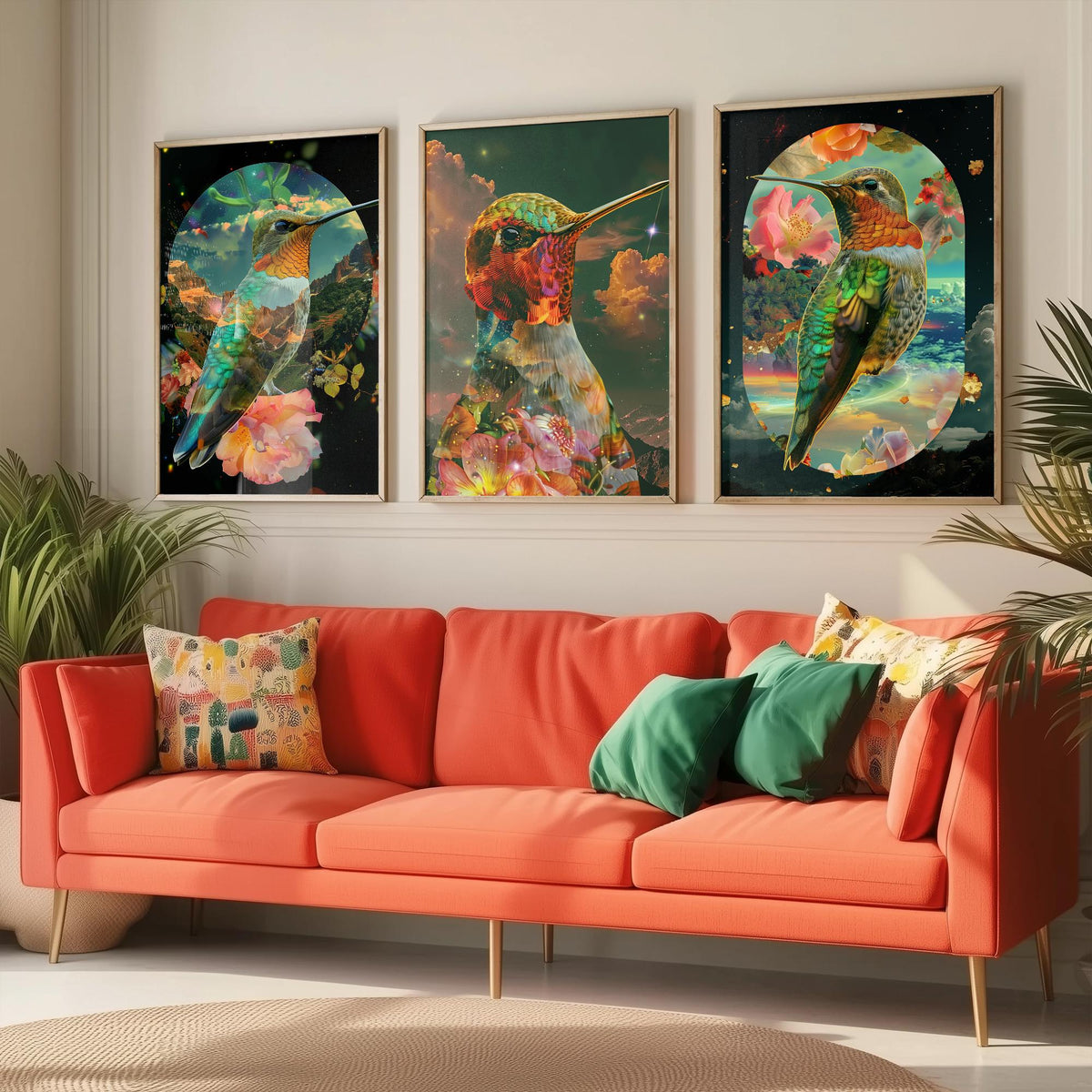 Hummingbird Set of Three Art Prints - 3 Double Exposure Floral Posters - Surreal Garden Nature Wall Art Gift Painting Cosmic