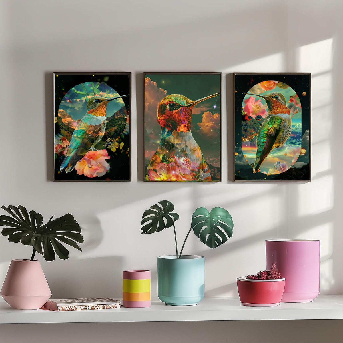 Hummingbird Set of Three Art Prints - 3 Double Exposure Floral Posters - Surreal Garden Nature Wall Art Gift Painting Cosmic