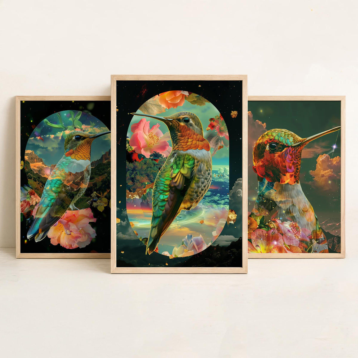 Hummingbird Set of Three Art Prints - 3 Double Exposure Floral Posters - Surreal Garden Nature Wall Art Gift Painting Cosmic