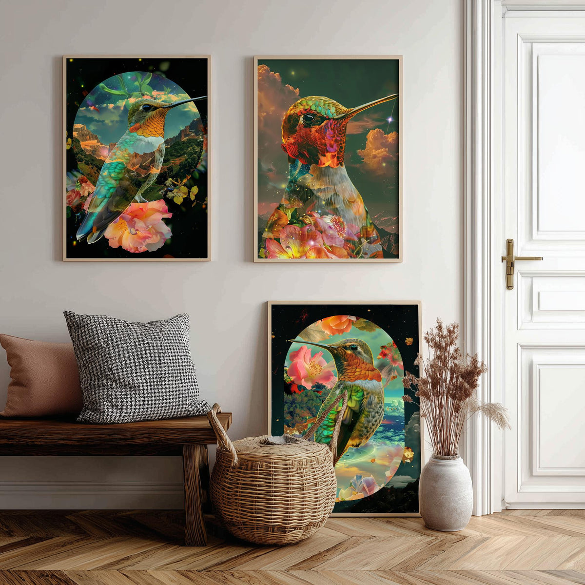 Hummingbird Set of Three Art Prints - 3 Double Exposure Floral Posters - Surreal Garden Nature Wall Art Gift Painting Cosmic