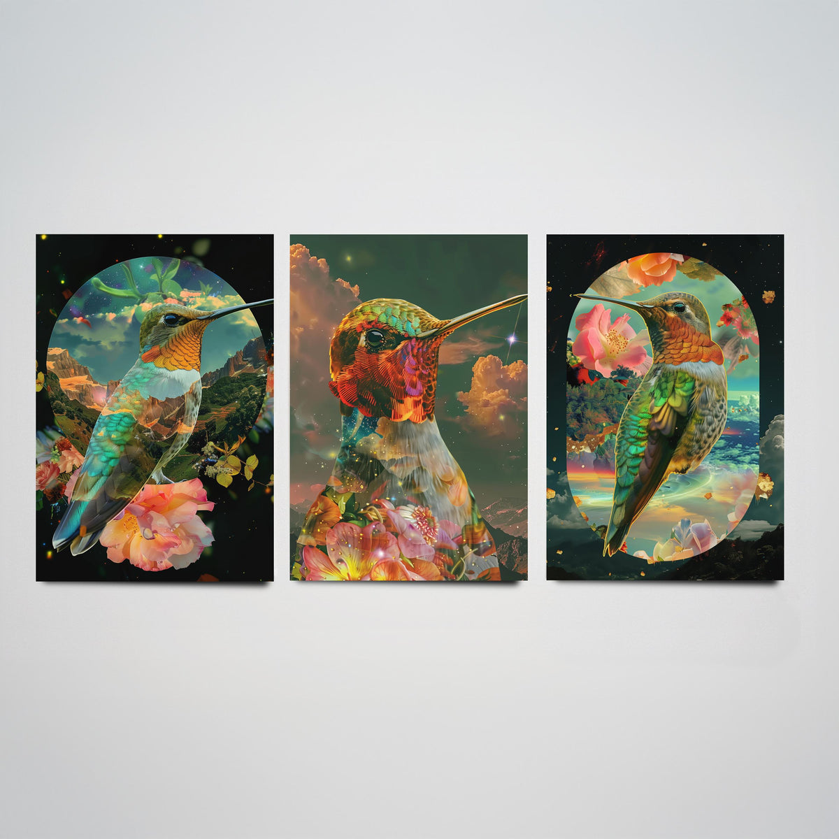 Hummingbird Set of Three Art Prints - 3 Double Exposure Floral Posters - Surreal Garden Nature Wall Art Gift Painting Cosmic