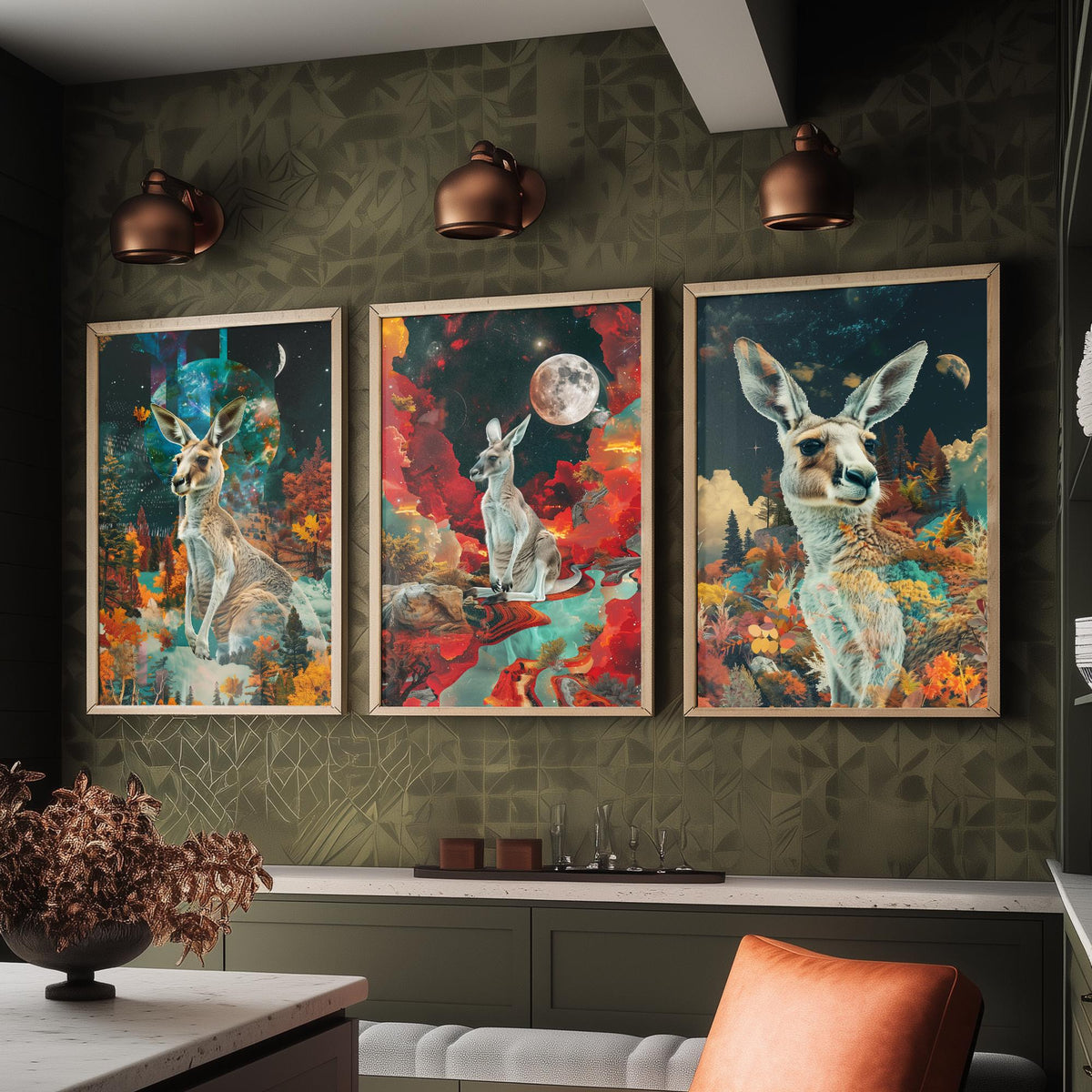 Kangaroo Set of Three Art Prints - 3 Double Exposure Outback Posters - Surreal Red Moon Nature Wall Art Gift Painting