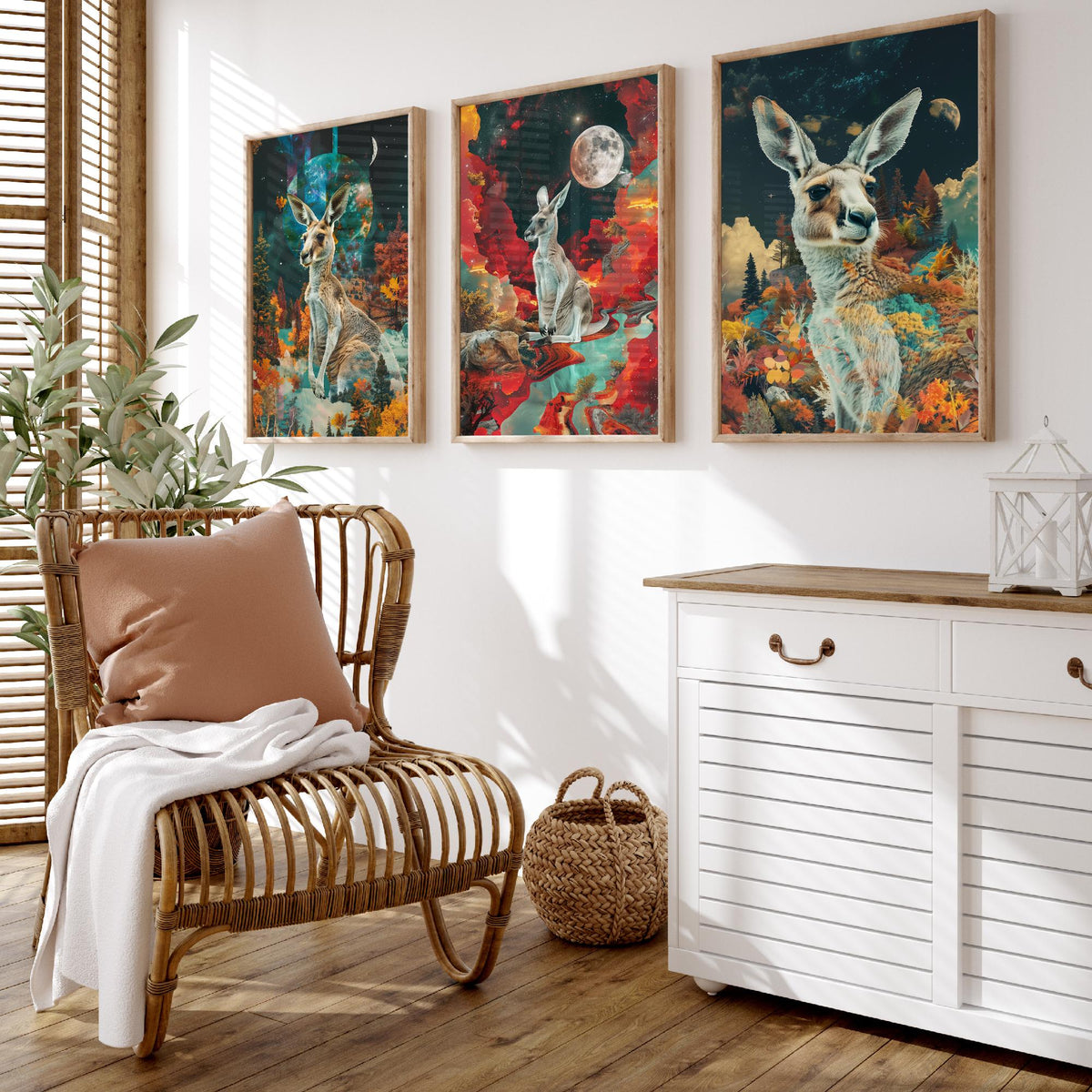 Kangaroo Set of Three Art Prints - 3 Double Exposure Outback Posters - Surreal Red Moon Nature Wall Art Gift Painting