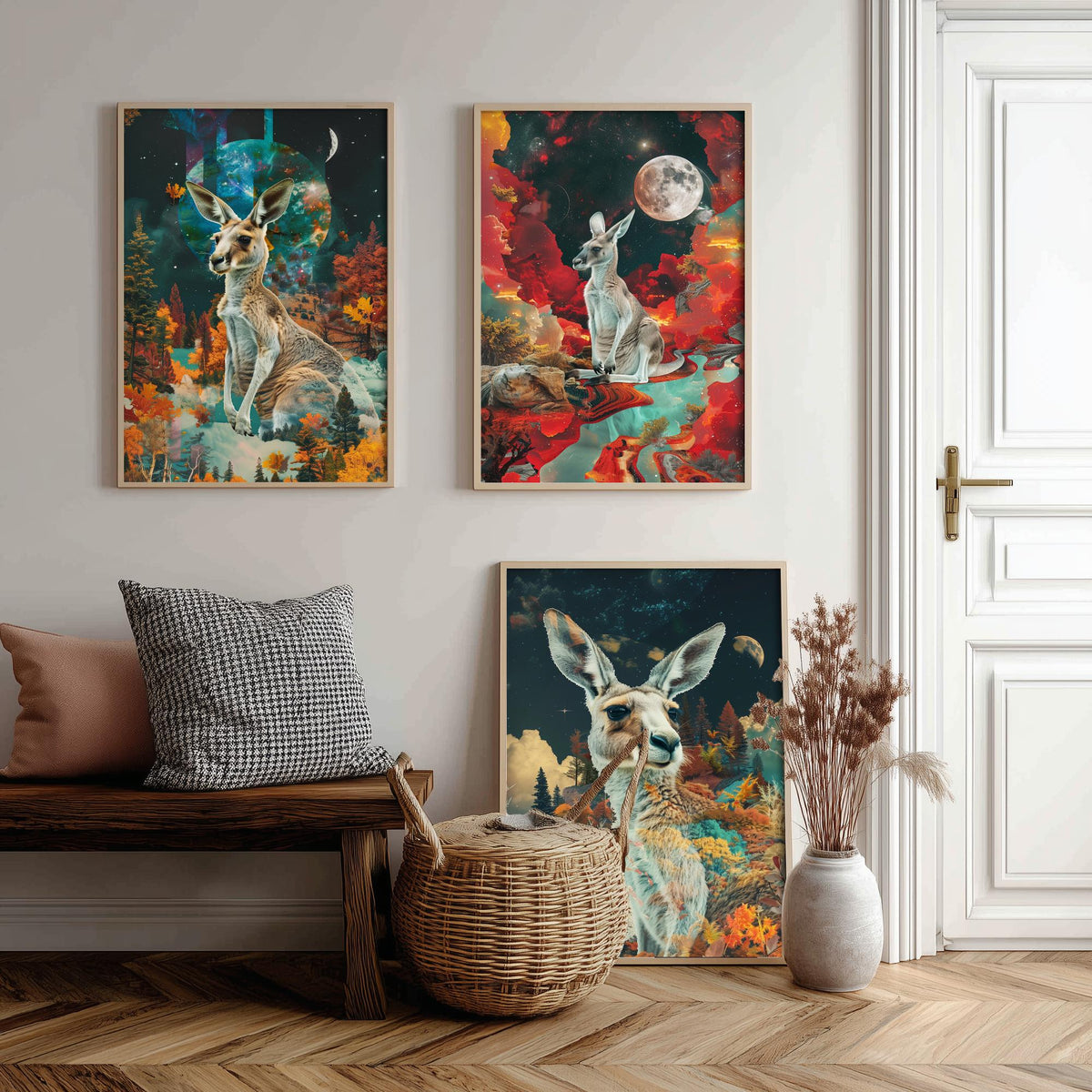 Kangaroo Set of Three Art Prints - 3 Double Exposure Outback Posters - Surreal Red Moon Nature Wall Art Gift Painting