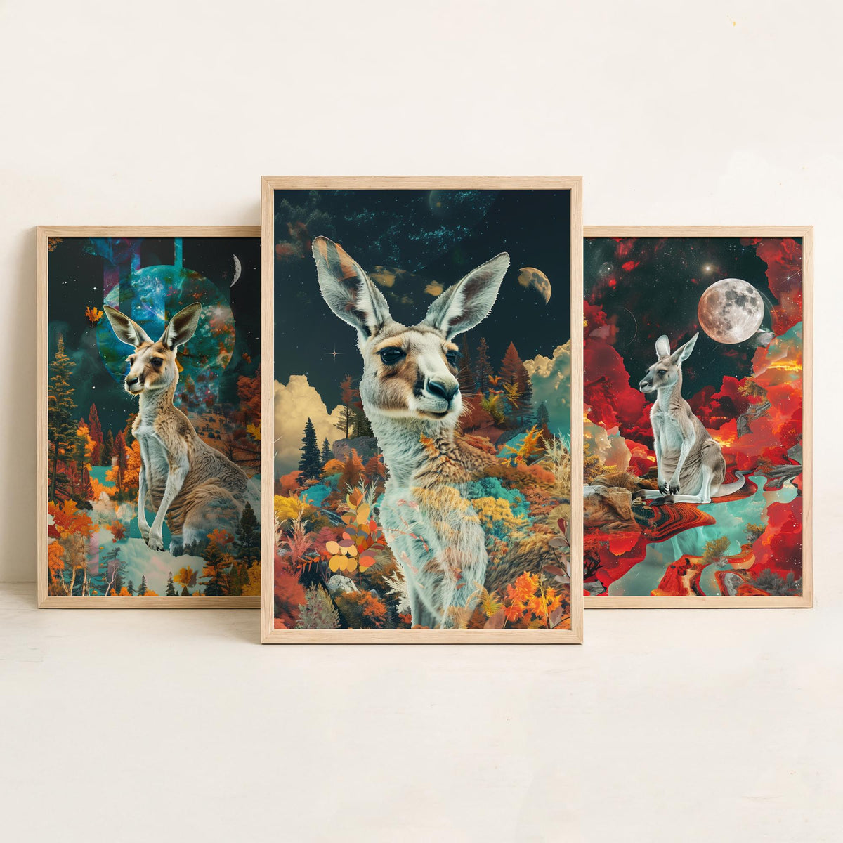 Kangaroo Set of Three Art Prints - 3 Double Exposure Outback Posters - Surreal Red Moon Nature Wall Art Gift Painting