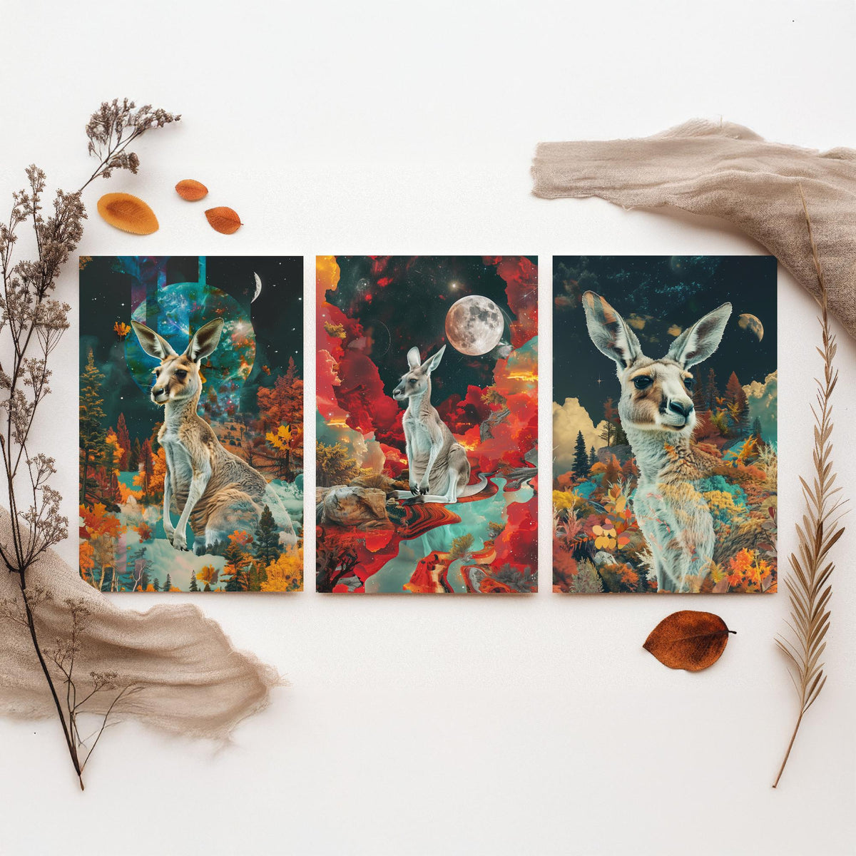 Kangaroo Set of Three Art Prints - 3 Double Exposure Outback Posters - Surreal Red Moon Nature Wall Art Gift Painting