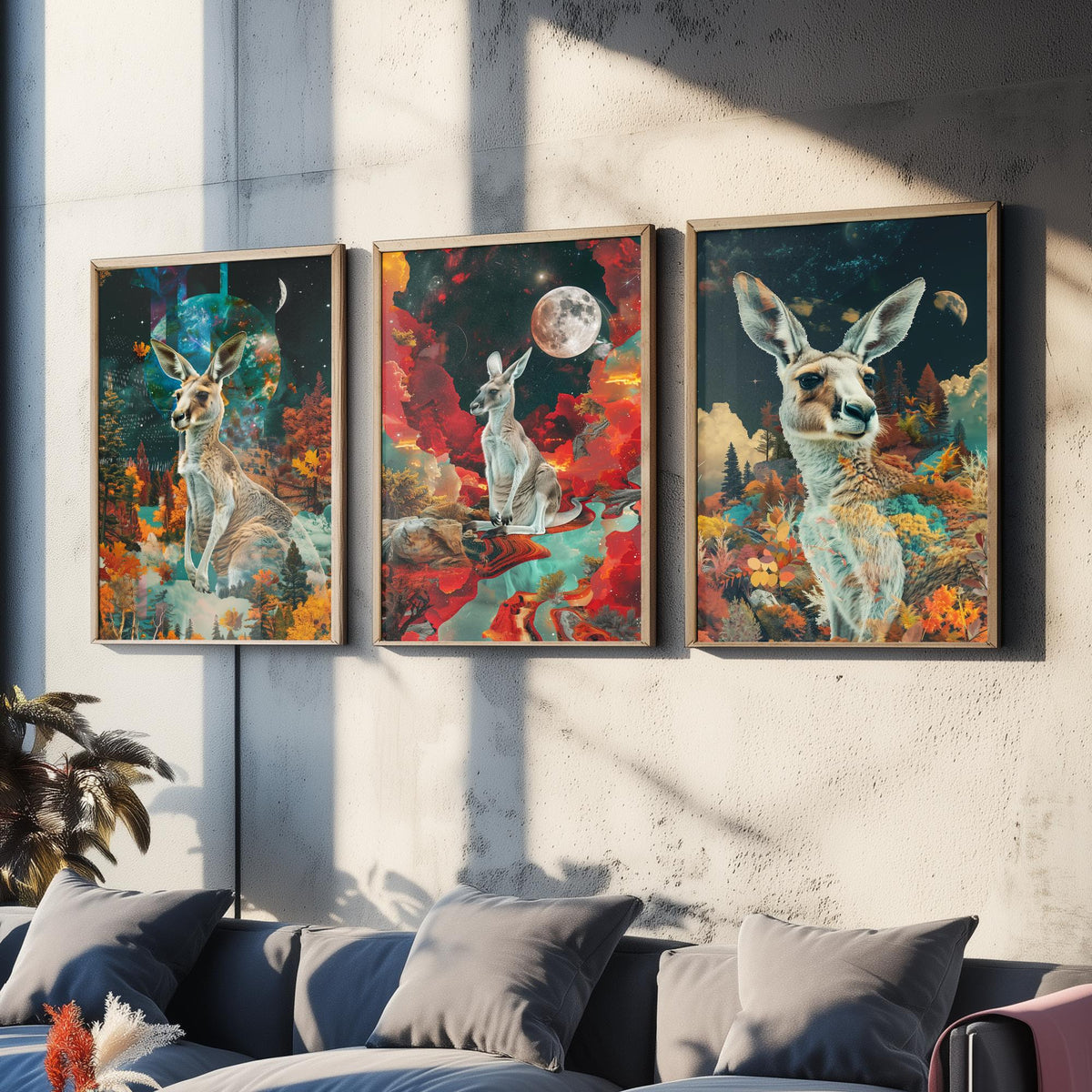 Kangaroo Set of Three Art Prints - 3 Double Exposure Outback Posters - Surreal Red Moon Nature Wall Art Gift Painting