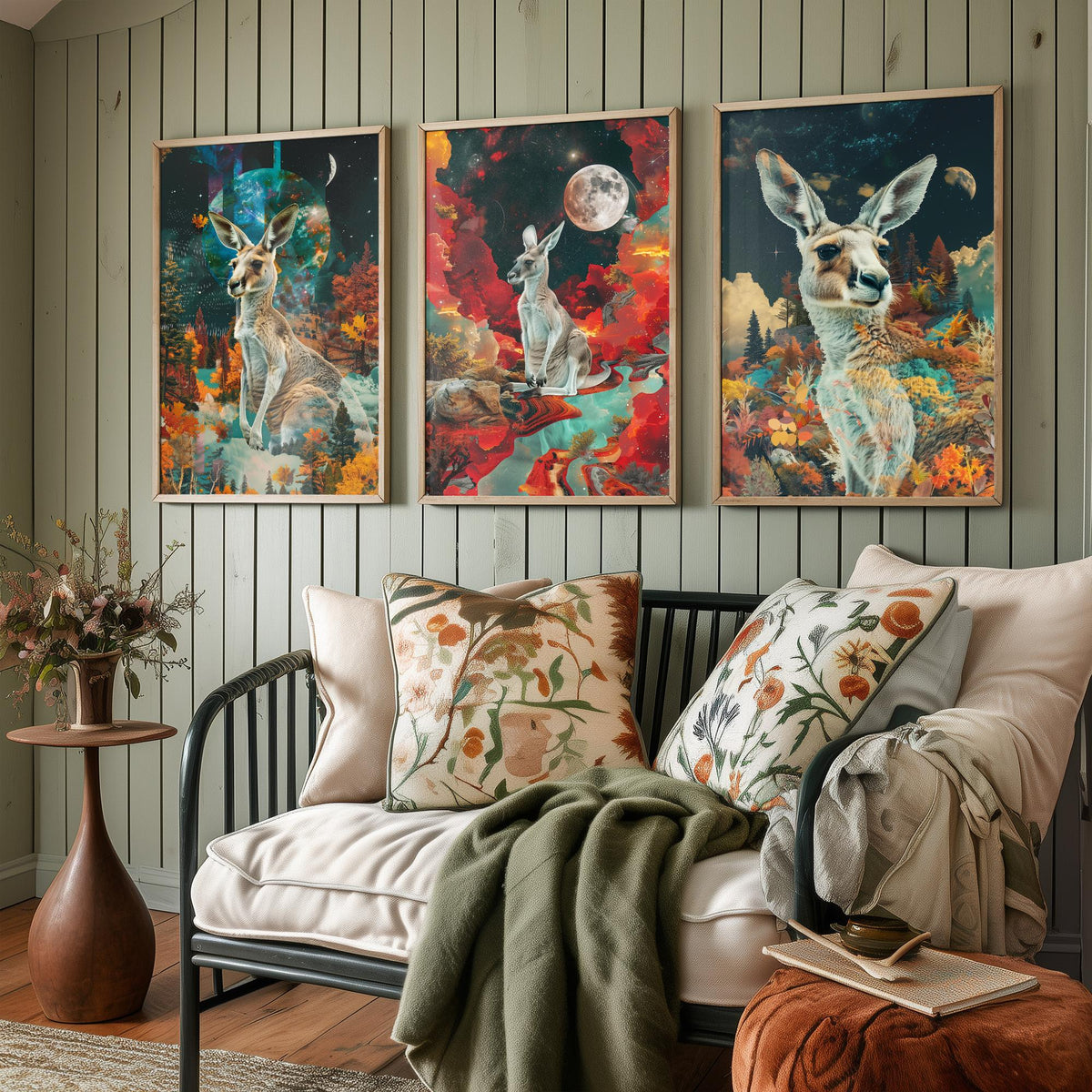 Kangaroo Set of Three Art Prints - 3 Double Exposure Outback Posters - Surreal Red Moon Nature Wall Art Gift Painting