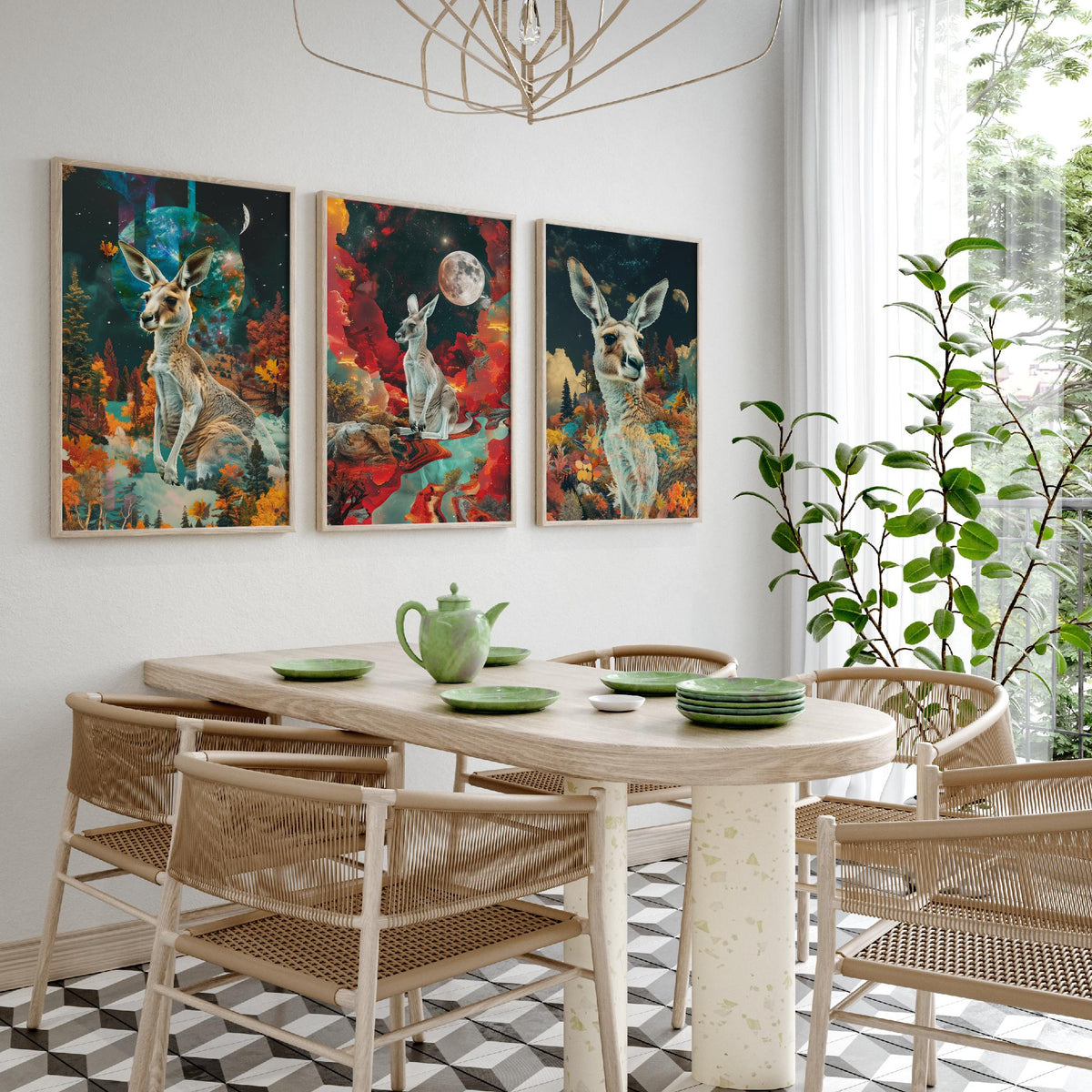 Kangaroo Set of Three Art Prints - 3 Double Exposure Outback Posters - Surreal Red Moon Nature Wall Art Gift Painting