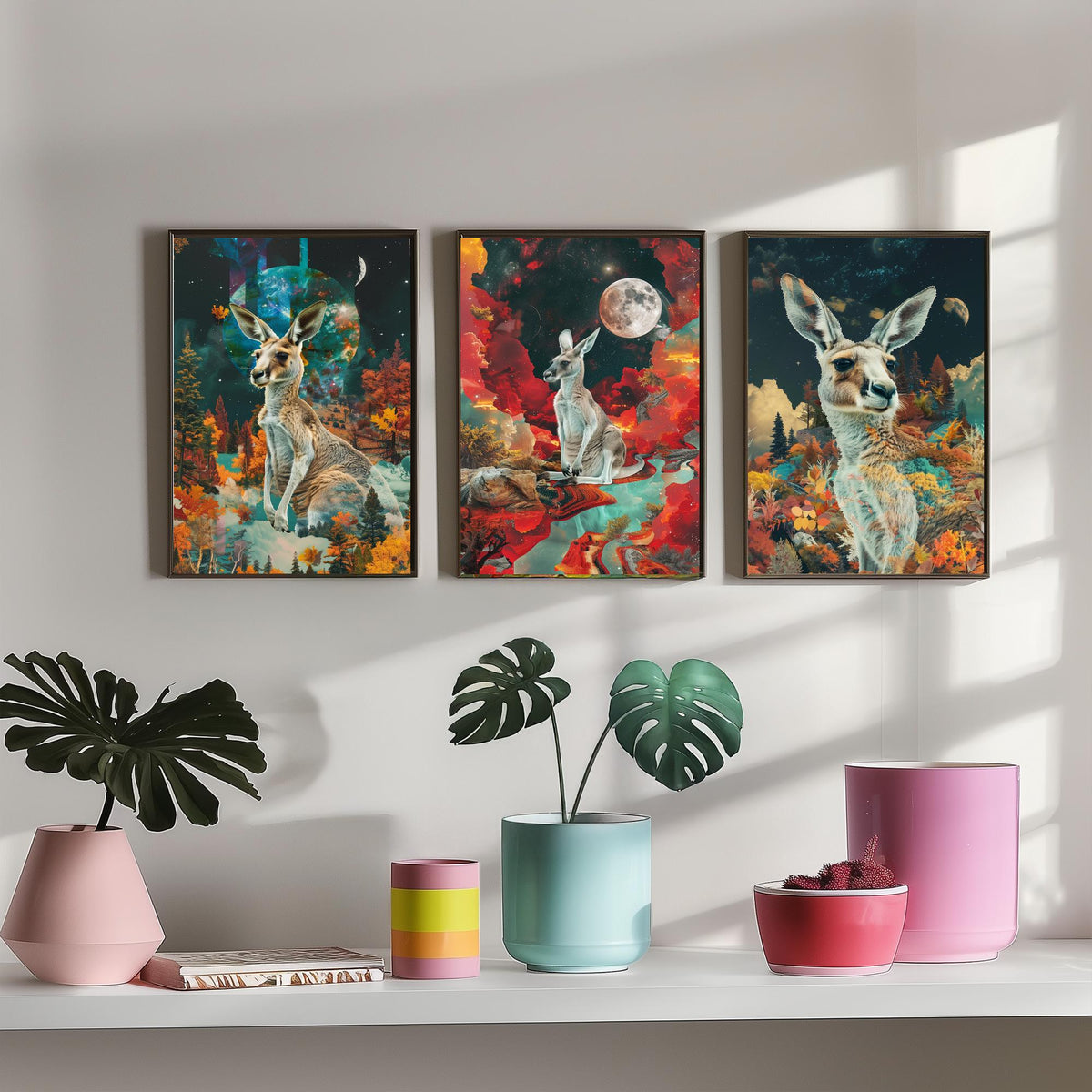 Kangaroo Set of Three Art Prints - 3 Double Exposure Outback Posters - Surreal Red Moon Nature Wall Art Gift Painting