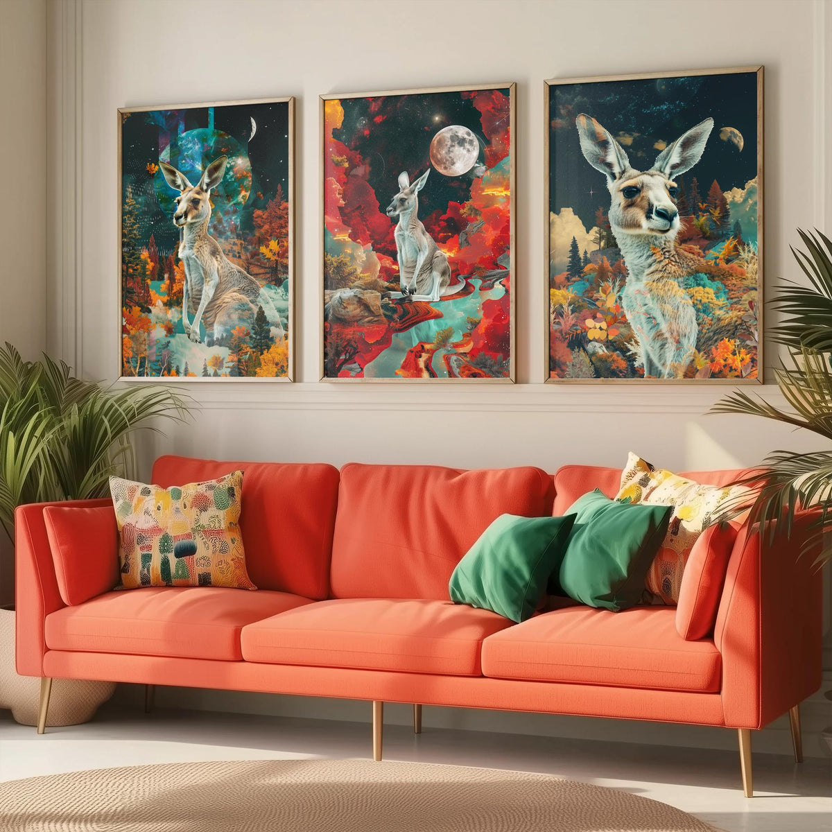 Kangaroo Set of Three Art Prints - 3 Double Exposure Outback Posters - Surreal Red Moon Nature Wall Art Gift Painting