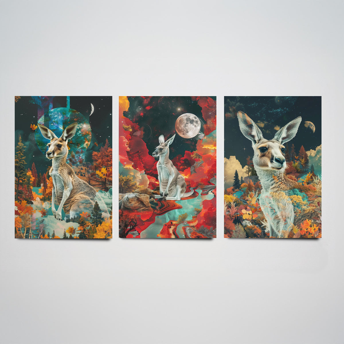 Kangaroo Set of Three Art Prints - 3 Double Exposure Outback Posters - Surreal Red Moon Nature Wall Art Gift Painting