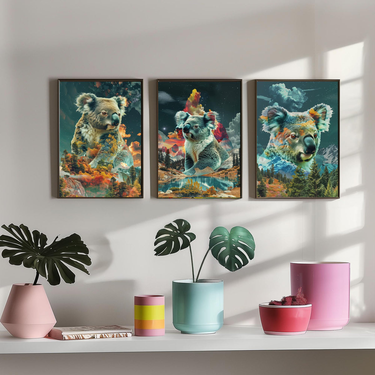 Koala Set of Three Art Prints - 3 Double Exposure Wildlife Posters - Surreal Forest Mountain Nature Wall Art Gift Painting