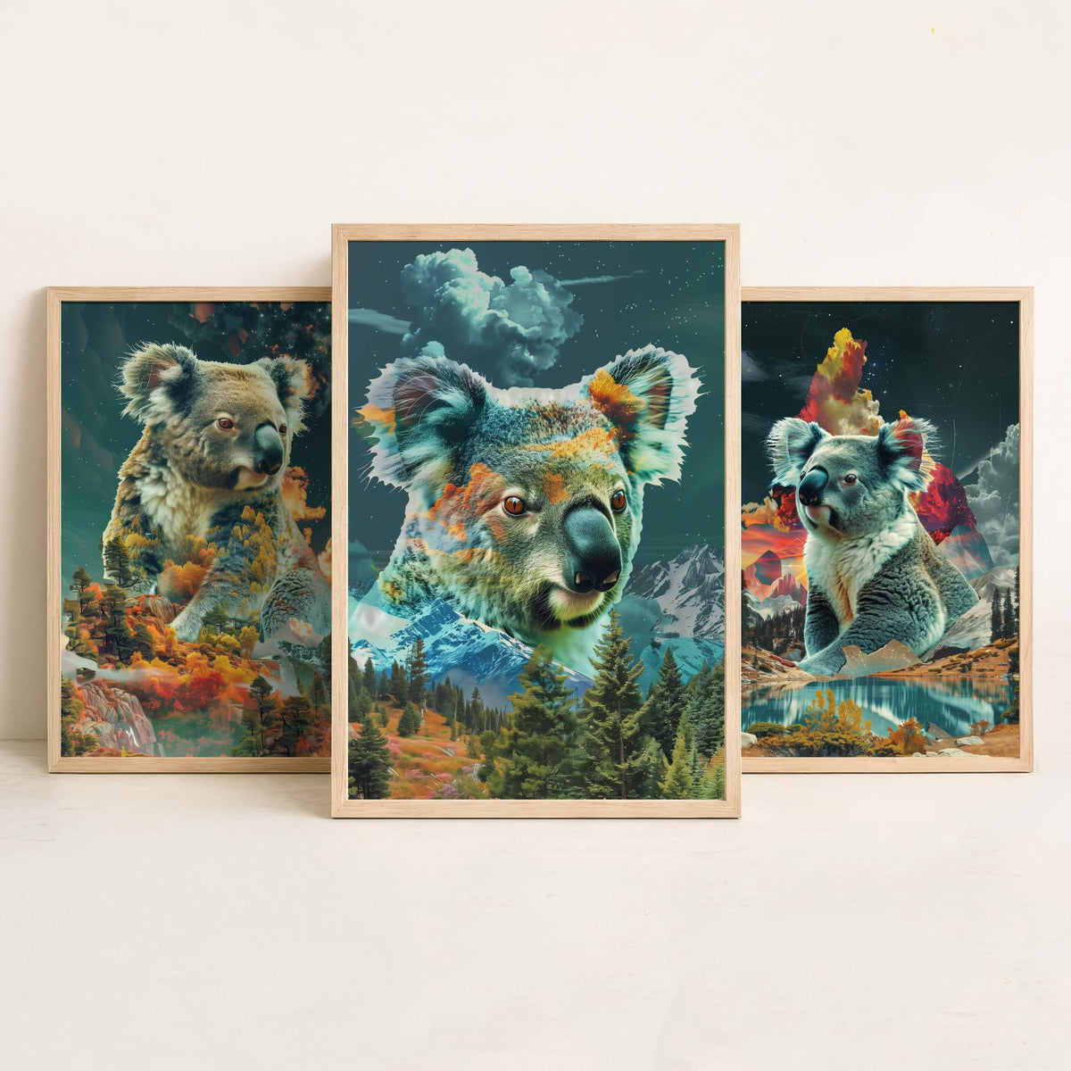 Koala Set of Three Art Prints - 3 Double Exposure Wildlife Posters - Surreal Forest Mountain Nature Wall Art Gift Painting