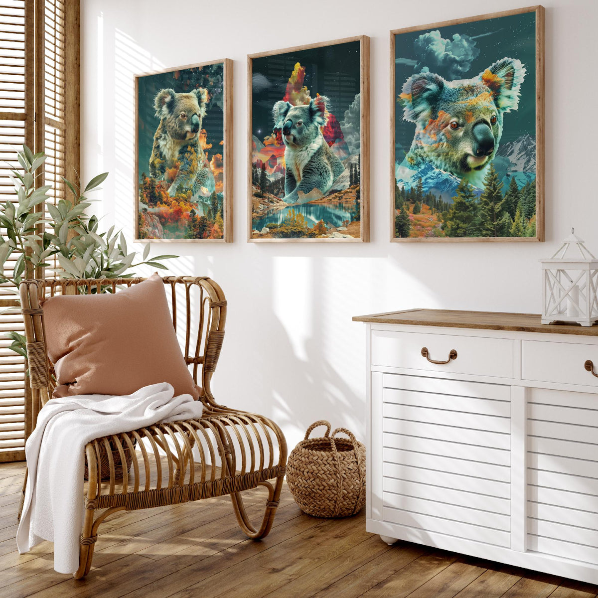 Koala Set of Three Art Prints - 3 Double Exposure Wildlife Posters - Surreal Forest Mountain Nature Wall Art Gift Painting