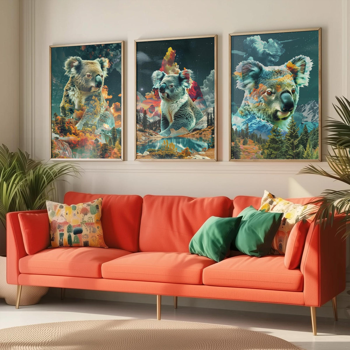 Koala Set of Three Art Prints - 3 Double Exposure Wildlife Posters - Surreal Forest Mountain Nature Wall Art Gift Painting