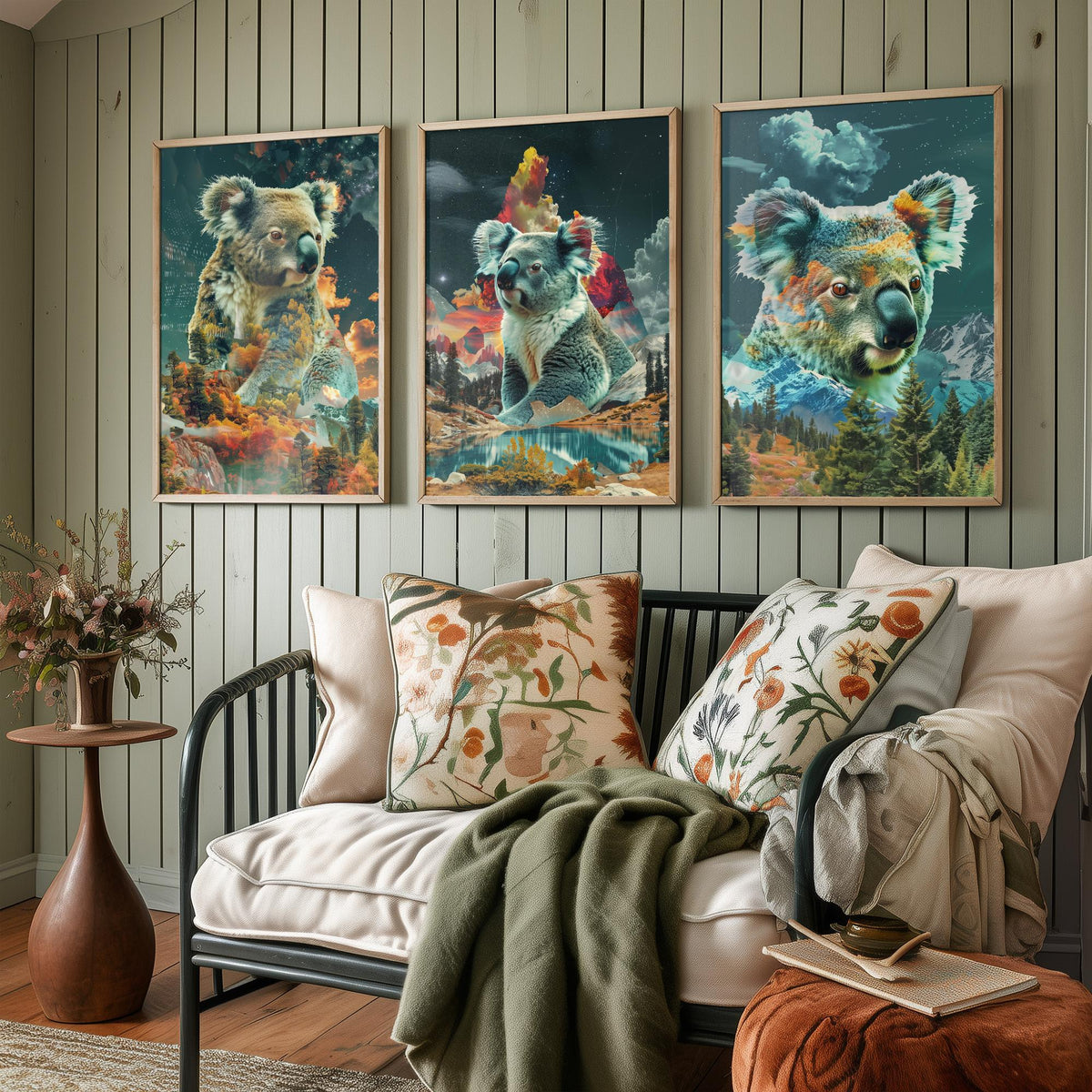 Koala Set of Three Art Prints - 3 Double Exposure Wildlife Posters - Surreal Forest Mountain Nature Wall Art Gift Painting