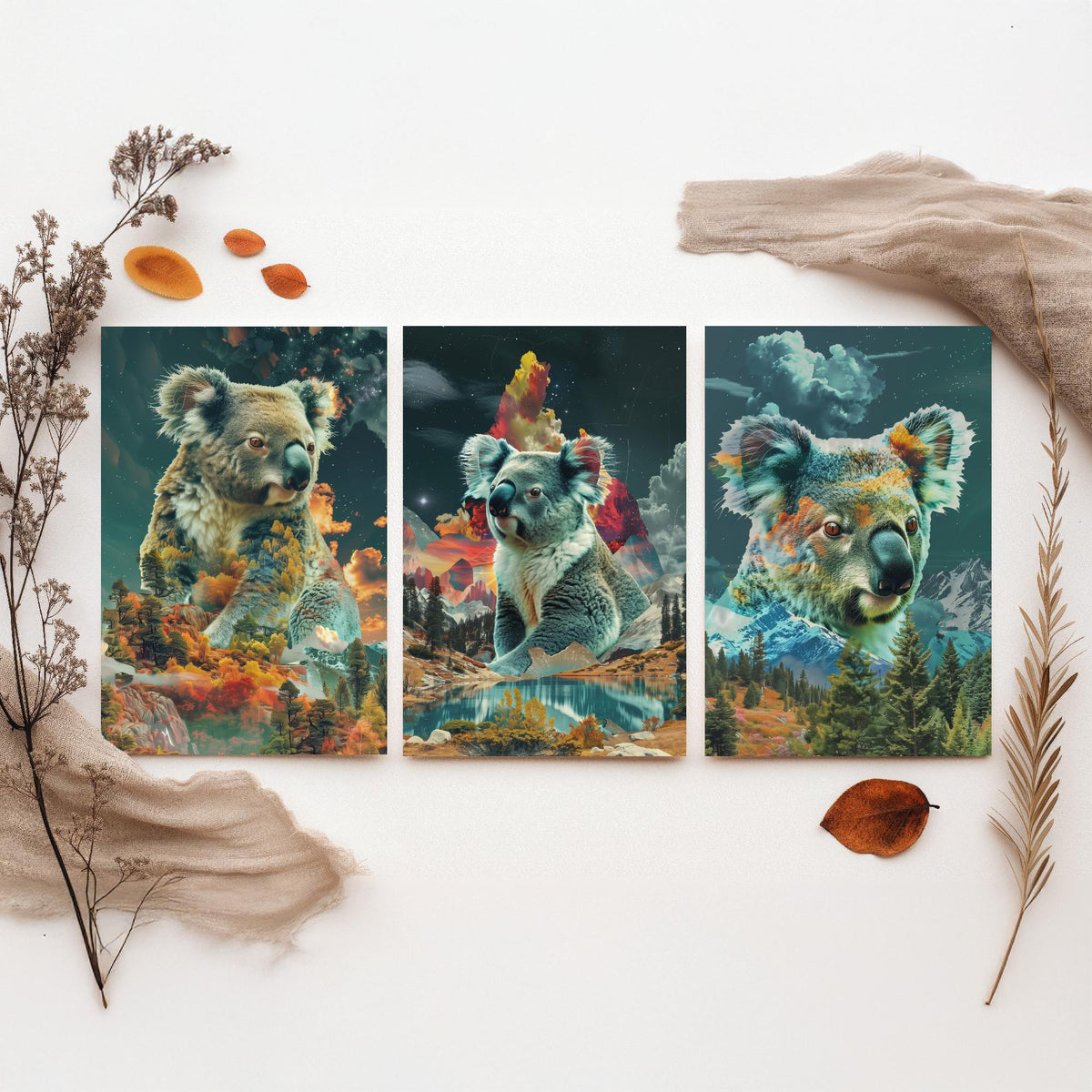Koala Set of Three Art Prints - 3 Double Exposure Wildlife Posters - Surreal Forest Mountain Nature Wall Art Gift Painting