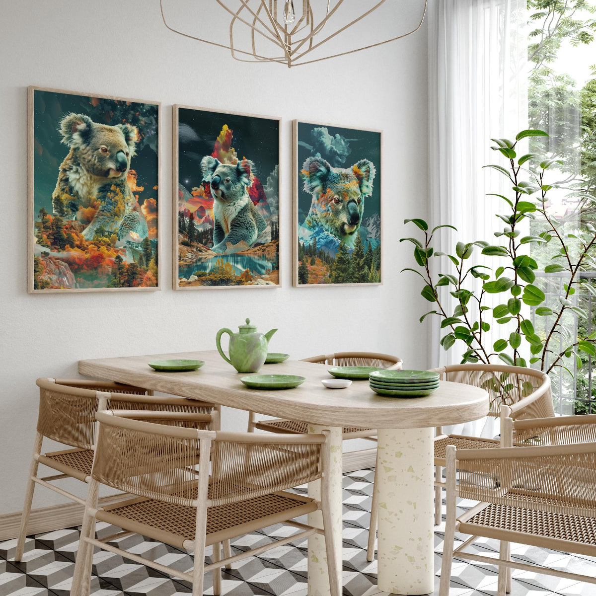 Koala Set of Three Art Prints - 3 Double Exposure Wildlife Posters - Surreal Forest Mountain Nature Wall Art Gift Painting