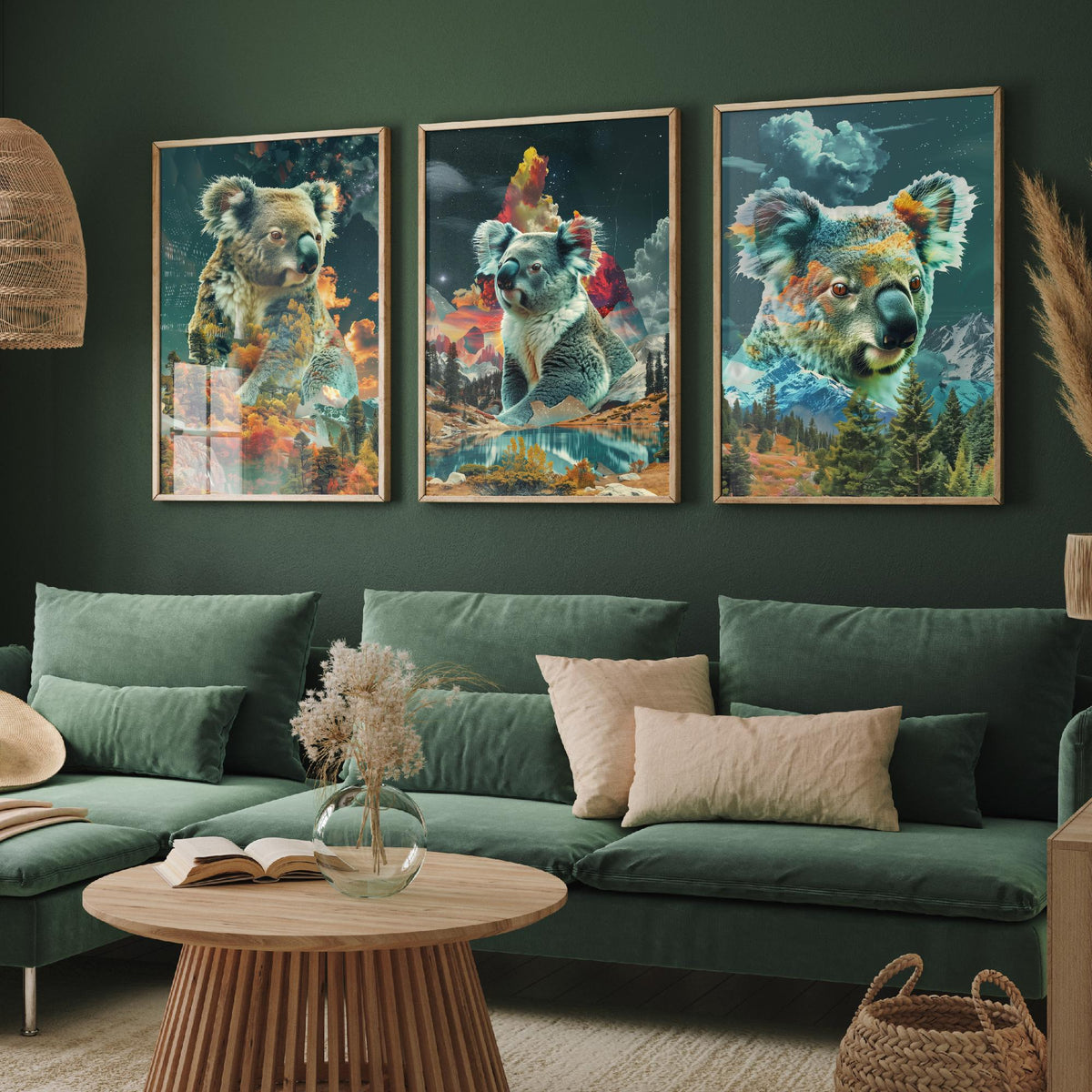 Koala Set of Three Art Prints - 3 Double Exposure Wildlife Posters - Surreal Forest Mountain Nature Wall Art Gift Painting