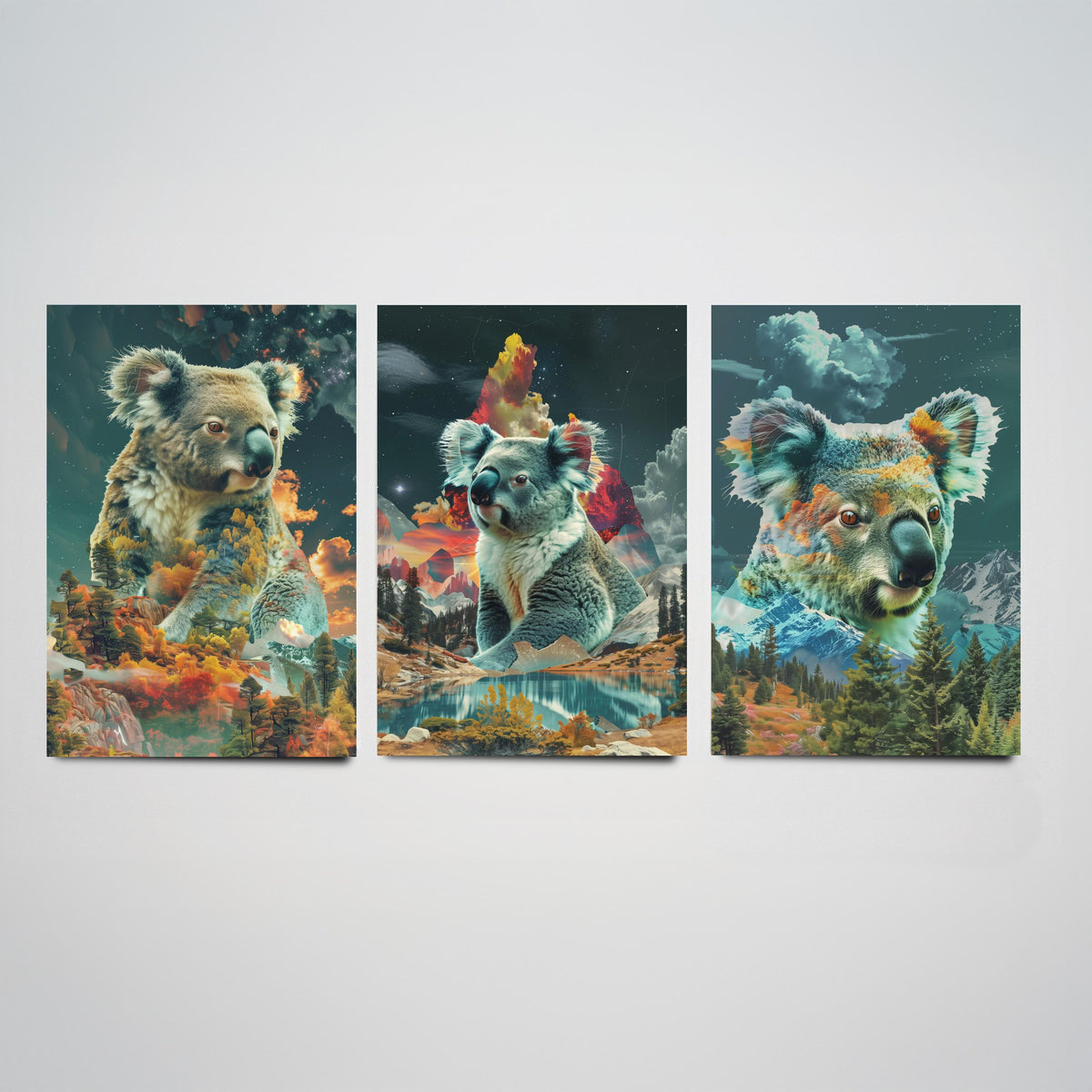 Koala Set of Three Art Prints - 3 Double Exposure Wildlife Posters - Surreal Forest Mountain Nature Wall Art Gift Painting
