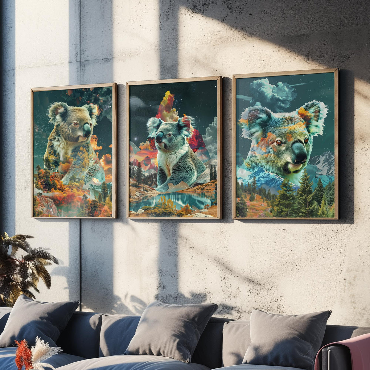 Koala Set of Three Art Prints - 3 Double Exposure Wildlife Posters - Surreal Forest Mountain Nature Wall Art Gift Painting