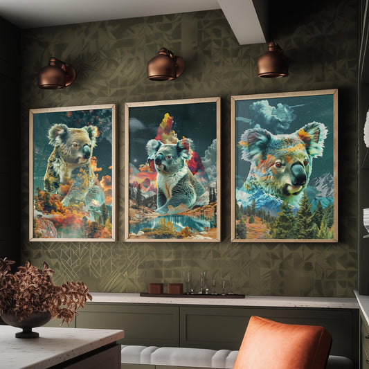 Koala Set of Three Art Prints - 3 Double Exposure Wildlife Posters - Surreal Forest Mountain Nature Wall Art Gift Painting