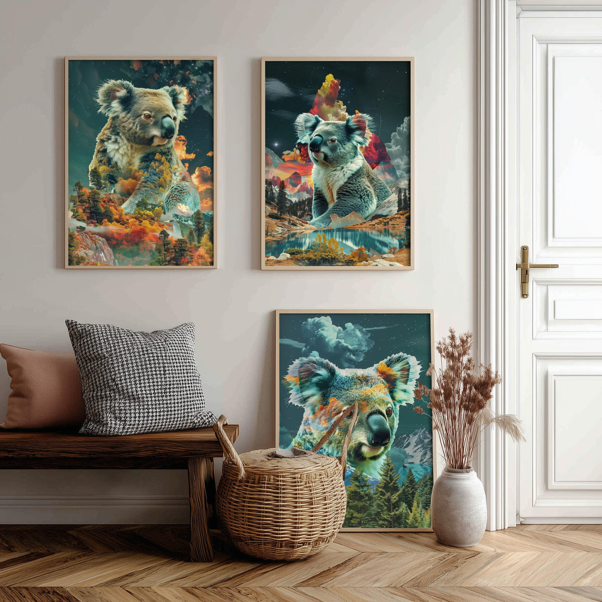 Koala Set of Three Art Prints - 3 Double Exposure Wildlife Posters - Surreal Forest Mountain Nature Wall Art Gift Painting