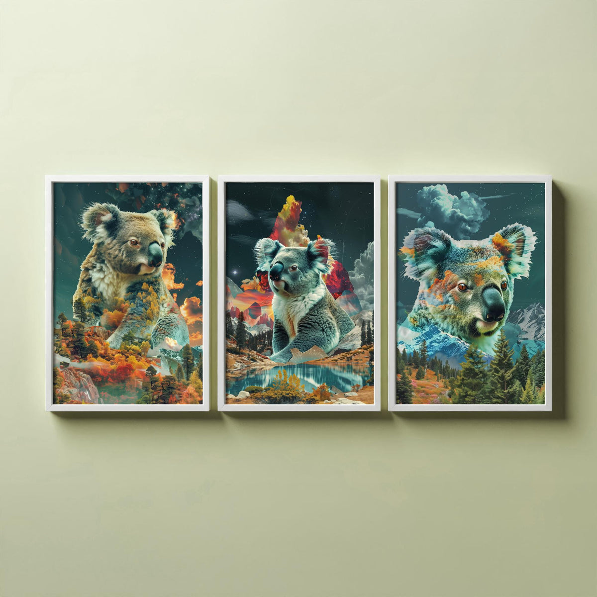Koala Set of Three Art Prints - 3 Double Exposure Wildlife Posters - Surreal Forest Mountain Nature Wall Art Gift Painting