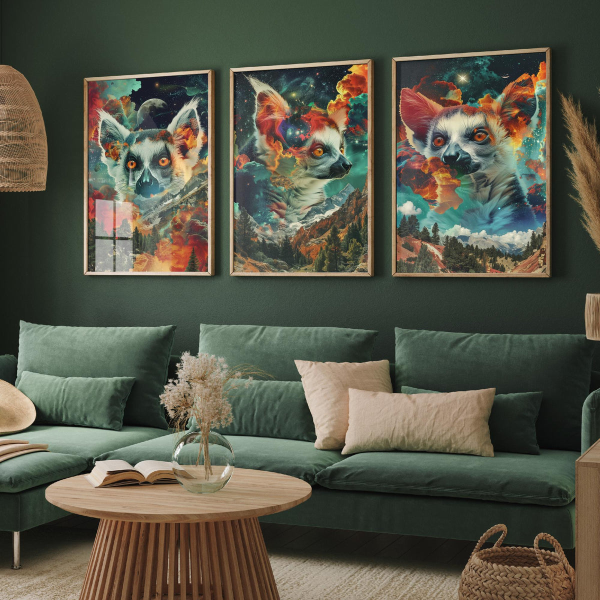 Lemur Set of Three Art Prints - 3 Double Exposure Primate Posters - Surreal Cosmic Cloud Nature Wall Art Gift Painting