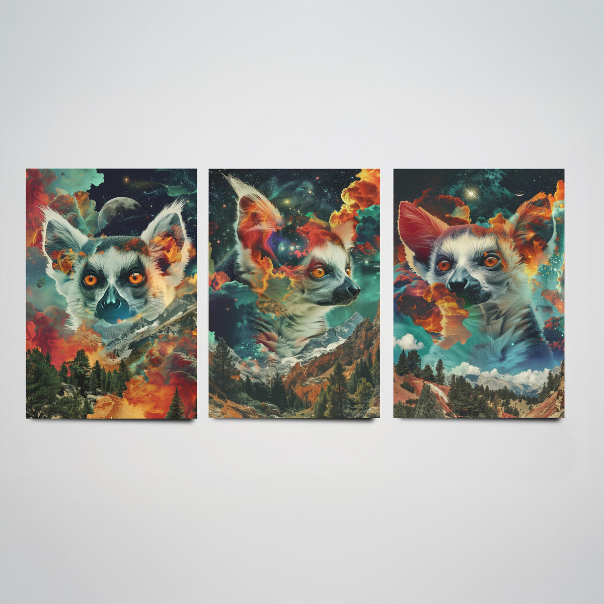 Lemur Set of Three Art Prints - 3 Double Exposure Primate Posters - Surreal Cosmic Cloud Nature Wall Art Gift Painting