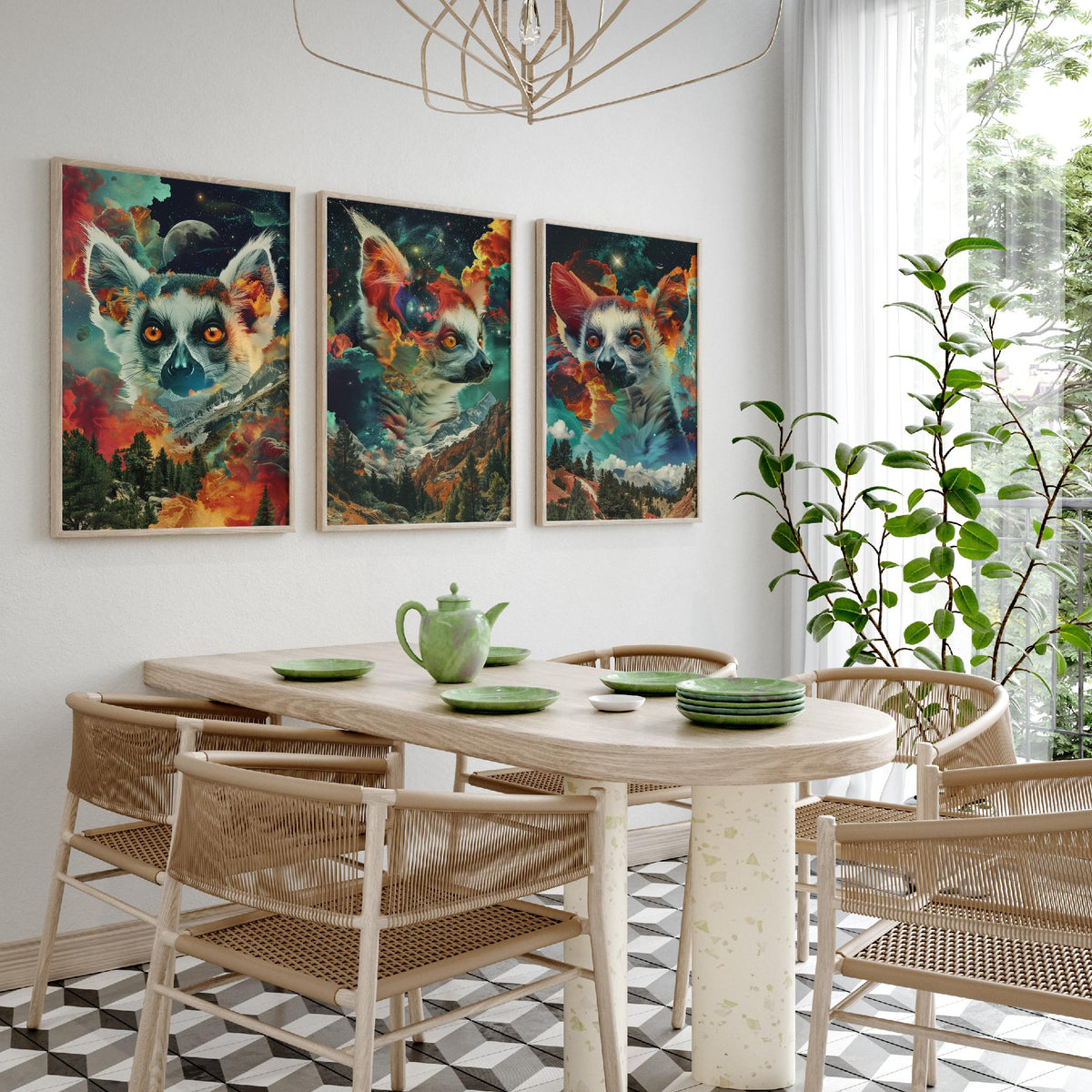 Lemur Set of Three Art Prints - 3 Double Exposure Primate Posters - Surreal Cosmic Cloud Nature Wall Art Gift Painting