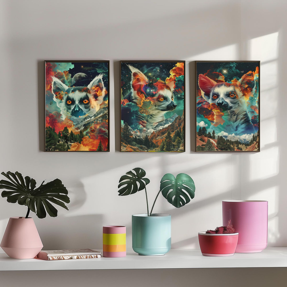 Lemur Set of Three Art Prints - 3 Double Exposure Primate Posters - Surreal Cosmic Cloud Nature Wall Art Gift Painting
