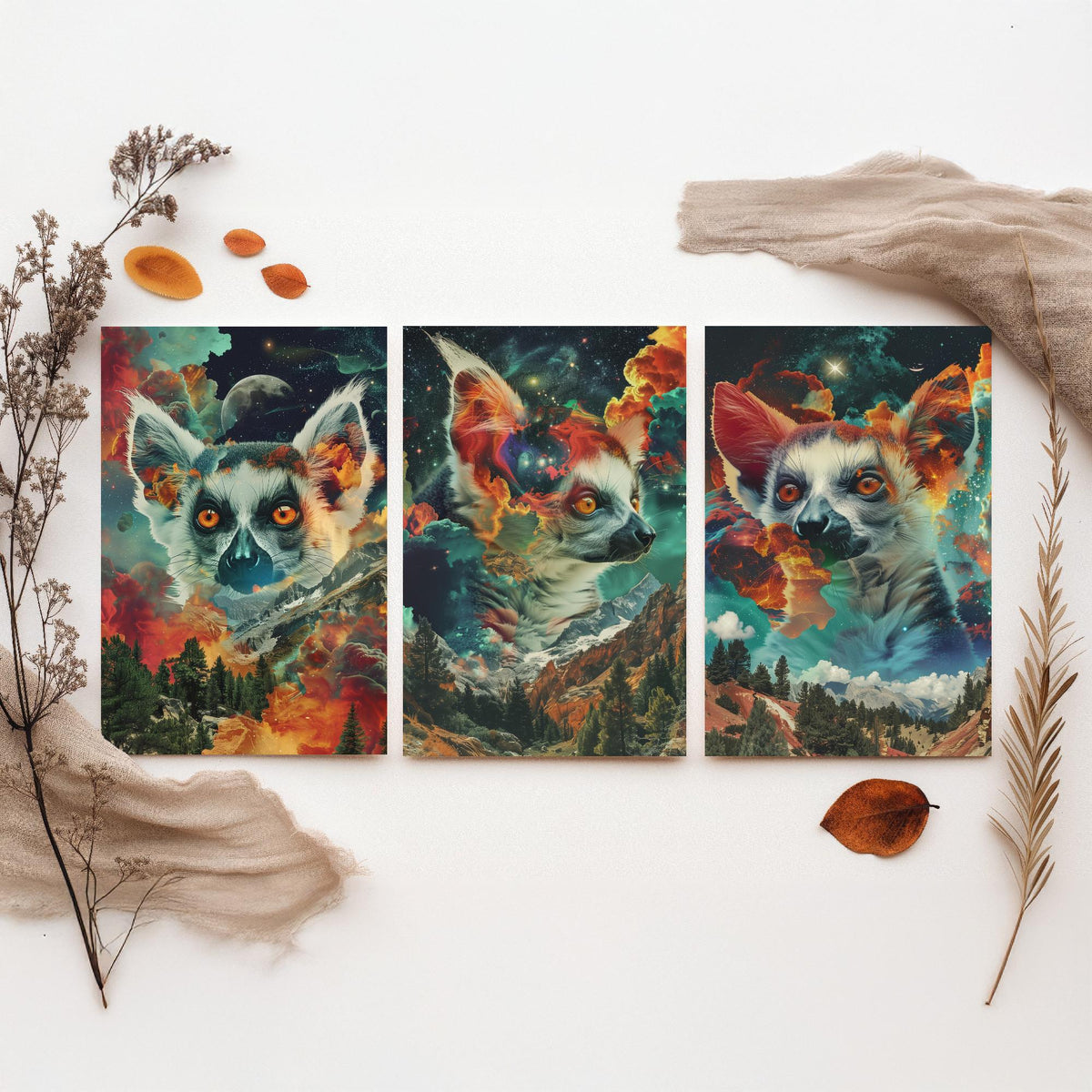 Lemur Set of Three Art Prints - 3 Double Exposure Primate Posters - Surreal Cosmic Cloud Nature Wall Art Gift Painting