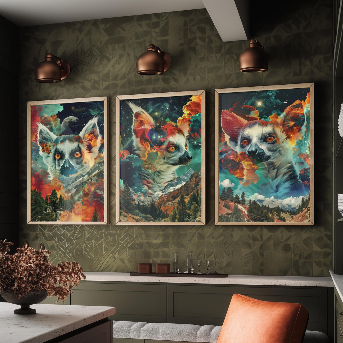 Lemur Set of Three Art Prints - 3 Double Exposure Primate Posters - Surreal Cosmic Cloud Nature Wall Art Gift Painting