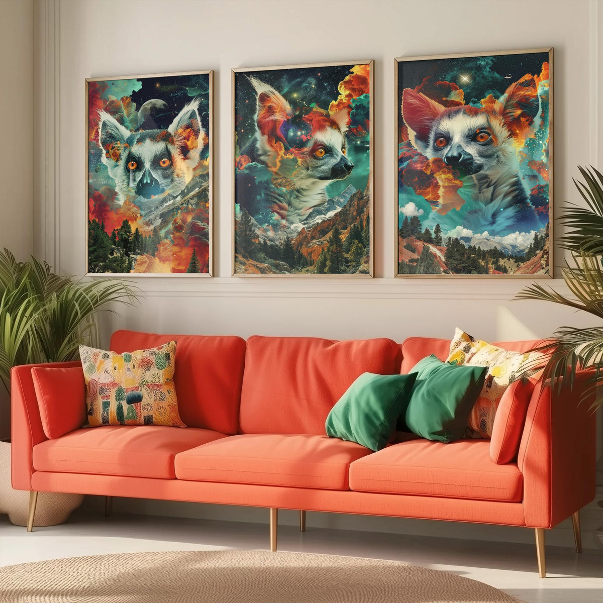 Lemur Set of Three Art Prints - 3 Double Exposure Primate Posters - Surreal Cosmic Cloud Nature Wall Art Gift Painting