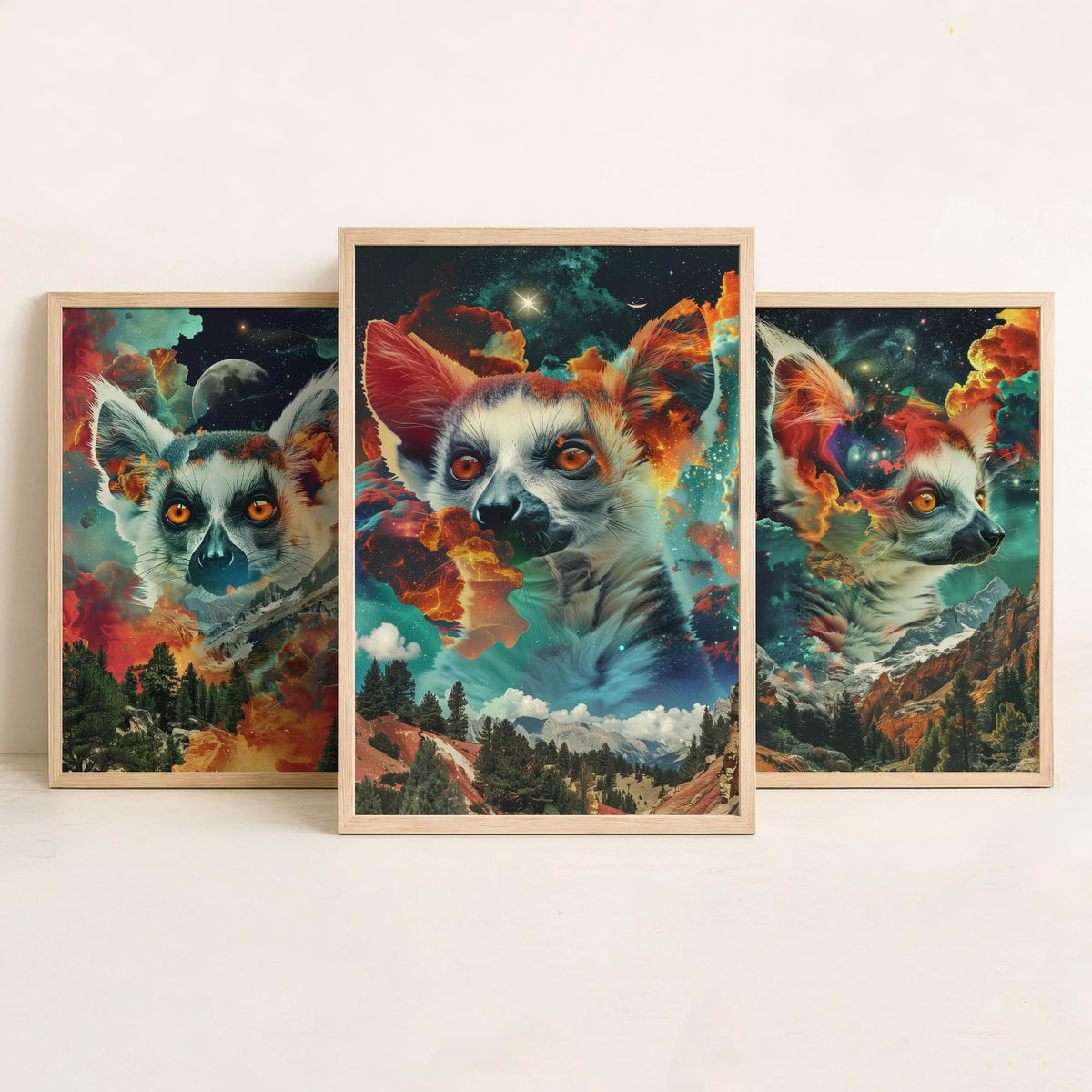Lemur Set of Three Art Prints - 3 Double Exposure Primate Posters - Surreal Cosmic Cloud Nature Wall Art Gift Painting