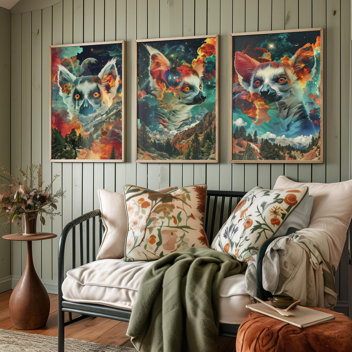 Lemur Set of Three Art Prints - 3 Double Exposure Primate Posters - Surreal Cosmic Cloud Nature Wall Art Gift Painting