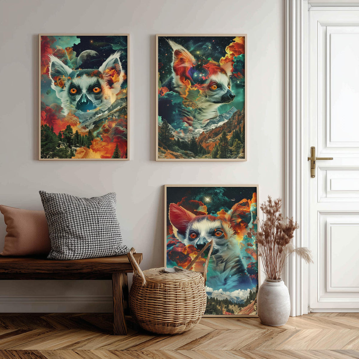 Lemur Set of Three Art Prints - 3 Double Exposure Primate Posters - Surreal Cosmic Cloud Nature Wall Art Gift Painting