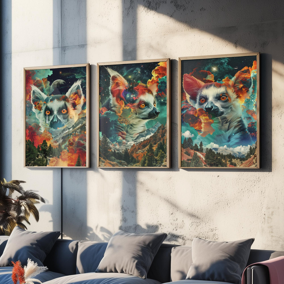 Lemur Set of Three Art Prints - 3 Double Exposure Primate Posters - Surreal Cosmic Cloud Nature Wall Art Gift Painting