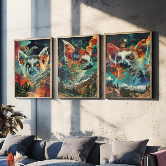 Lemur Set of Three Art Prints - 3 Double Exposure Primate Posters - Surreal Cosmic Cloud Nature Wall Art Gift Painting