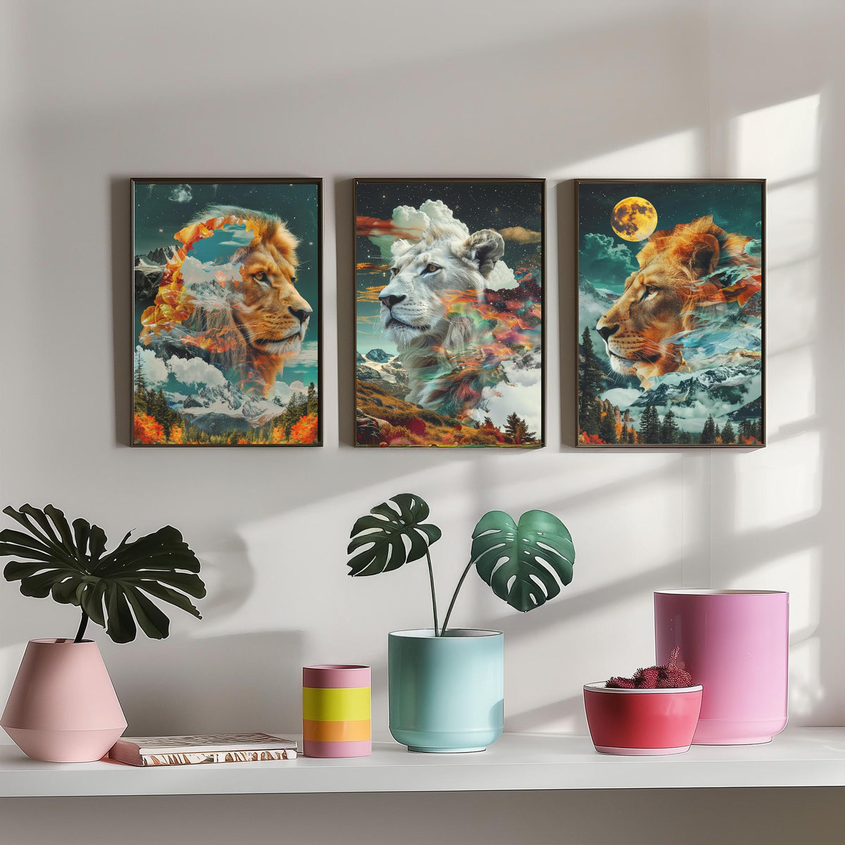Lion Set of Three Art Prints - 3 Double Exposure Big Cat Posters - Surreal Mountain Moon Nature Wall Art Gift Painting